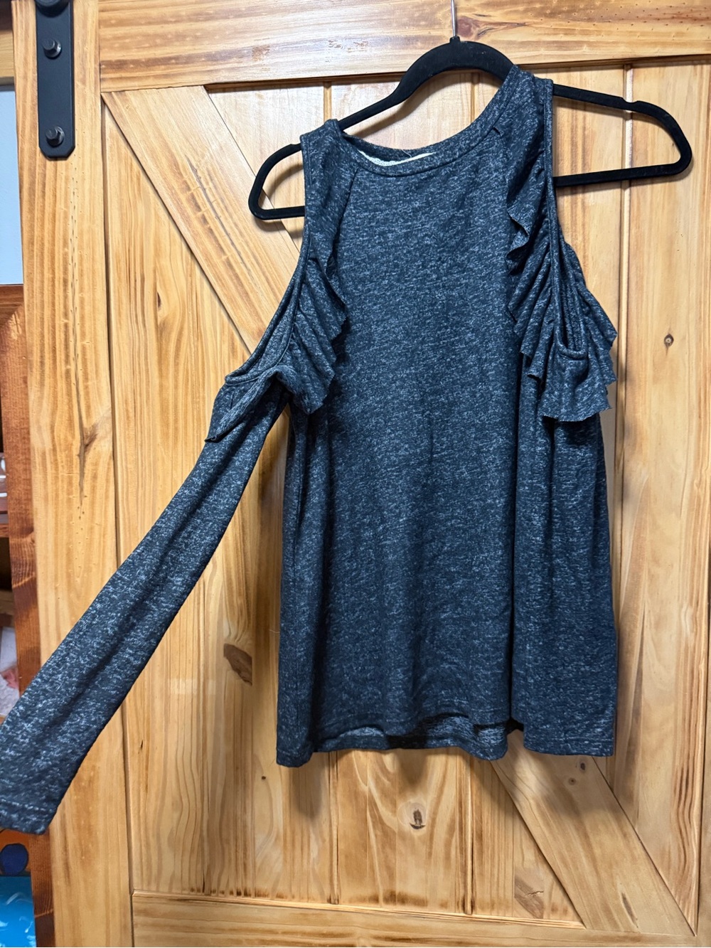 Altar'd State Charcoal Cold-Shoulder Ruffle Long Sleeve Top